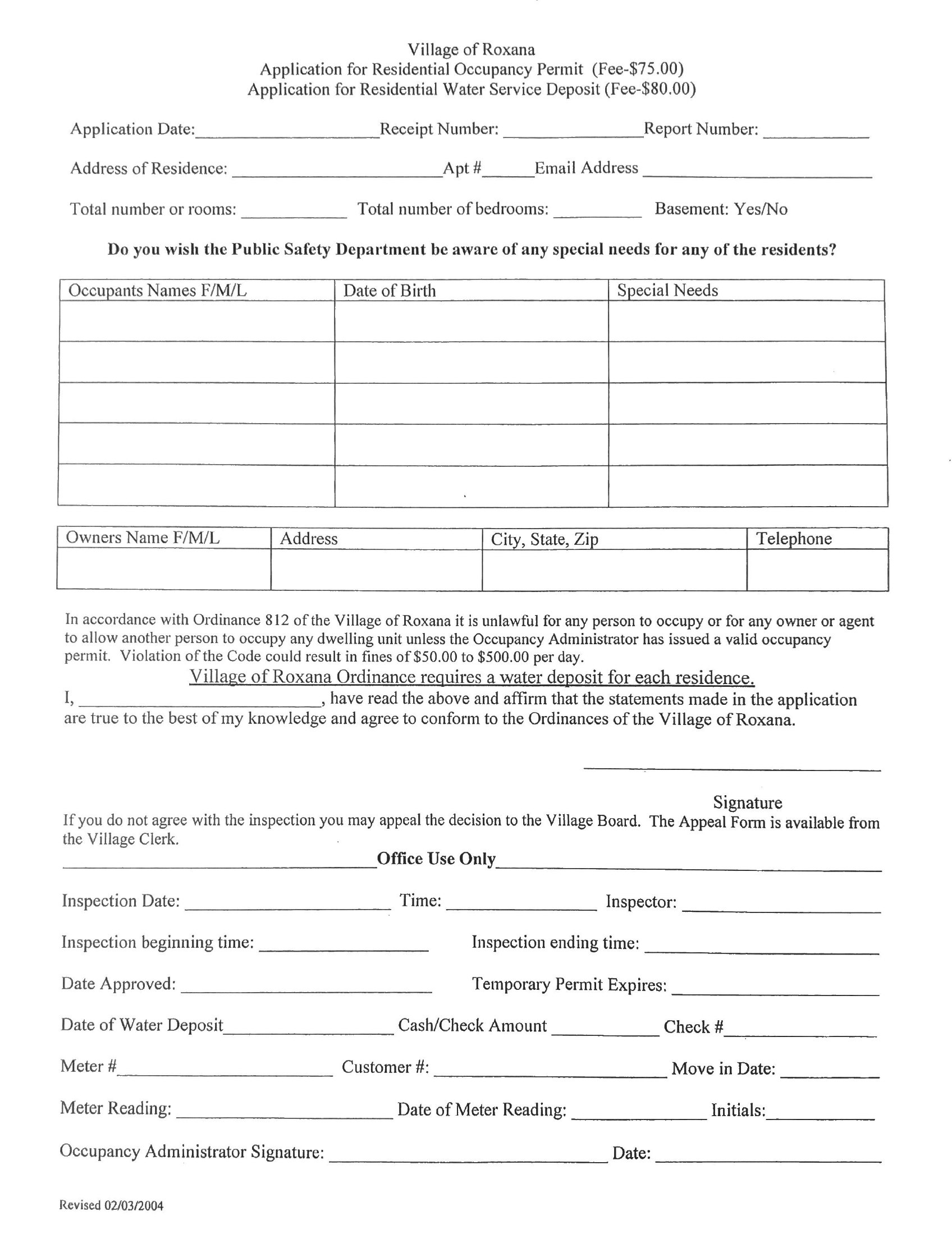 Occupancy Ordinance/Water Deposits The Village of Roxana
