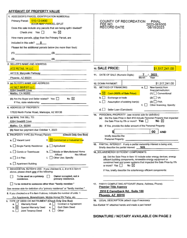 Recently Built Auto Zone in Maricopa Sells for 1.5 Million ROX