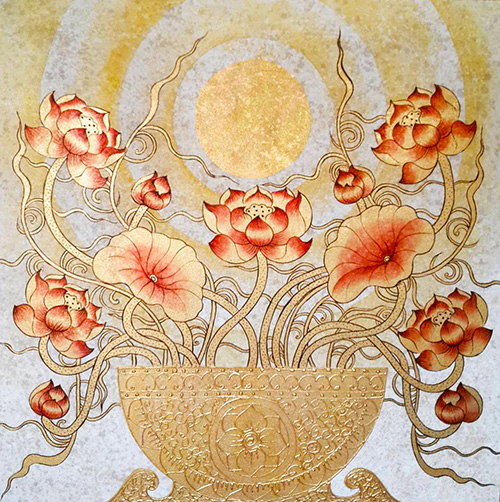 Lotus Fine Art Under Full Moon Original Asian Painting Royal Thai Art