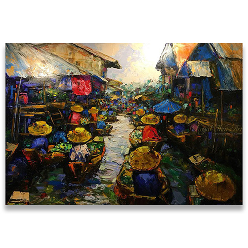 Thai Floating Market Oil Painting by Famous Artists l Royal Thai Art