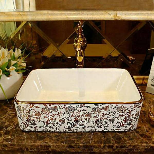 Luxury White & Gold Rectangular Bathroom Basin Royal Toiletry Global
