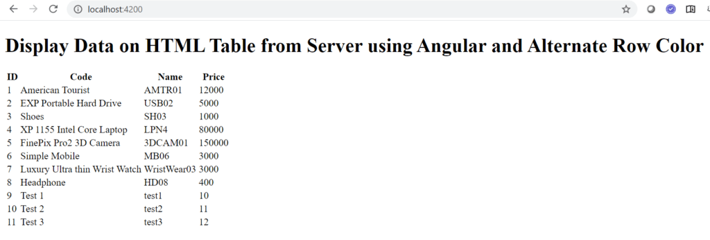 Display Data on HTML Table from Server using Angular 9 and Alternate