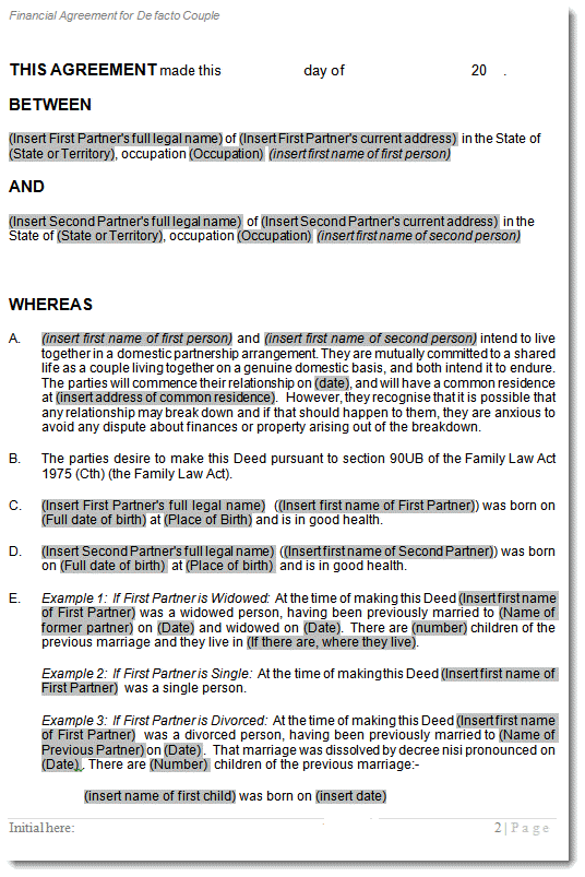 Cohabitation Agreement before living together pre defacto