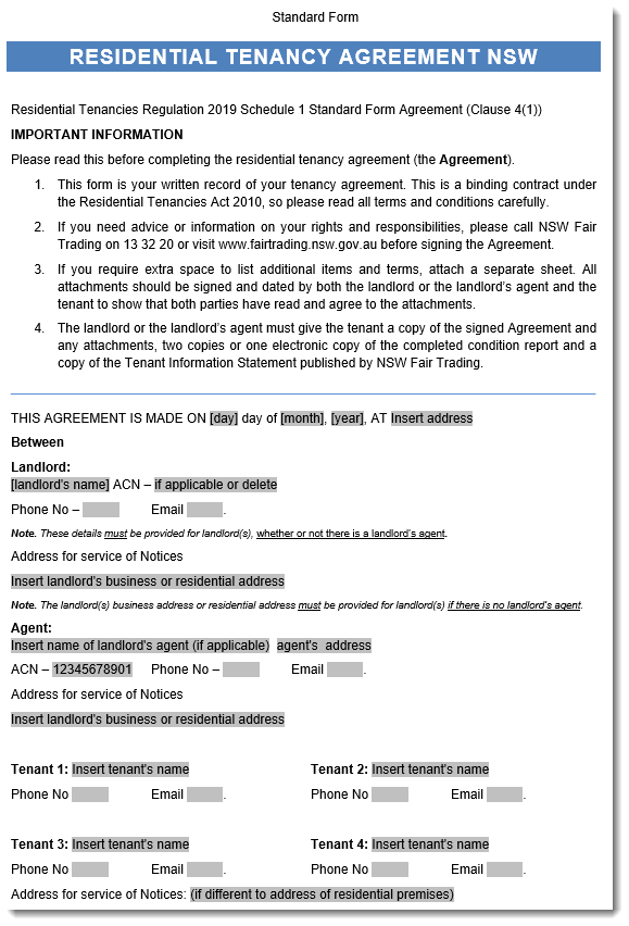 Residential Tenancy Agreement NSW New South Wales