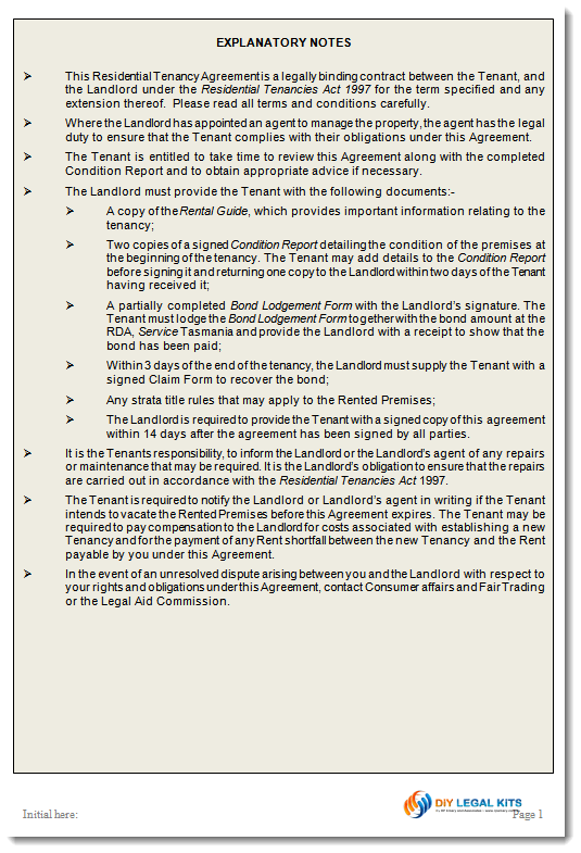 Tasmanian Residential Tenancy Agreement,Rental Agreement Australia