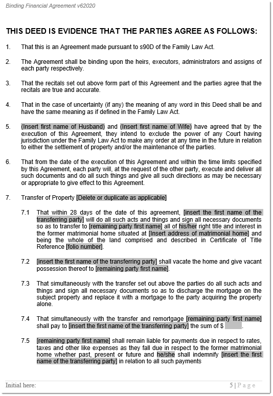 Divorce Property Settlement Financial Agreement 90D