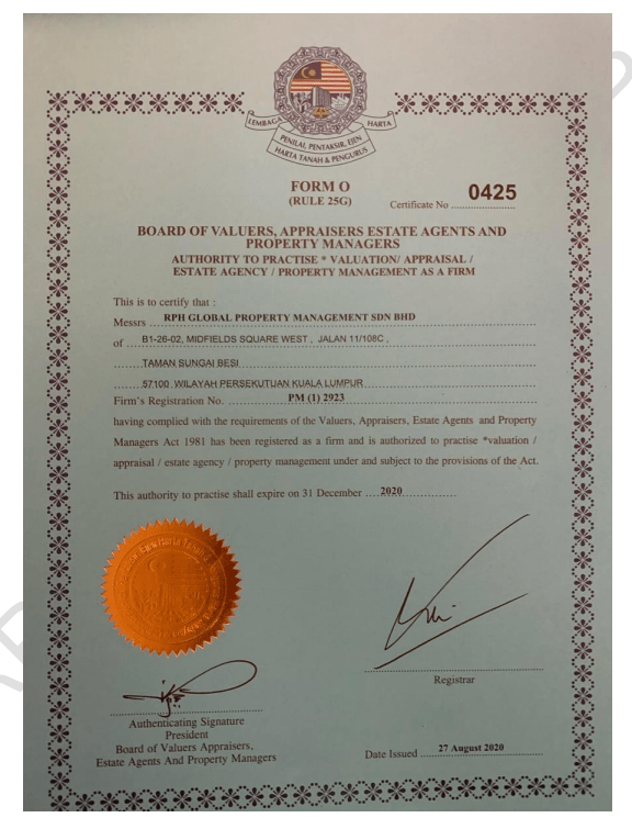 OUR CERTIFICATES RPH GLOBAL