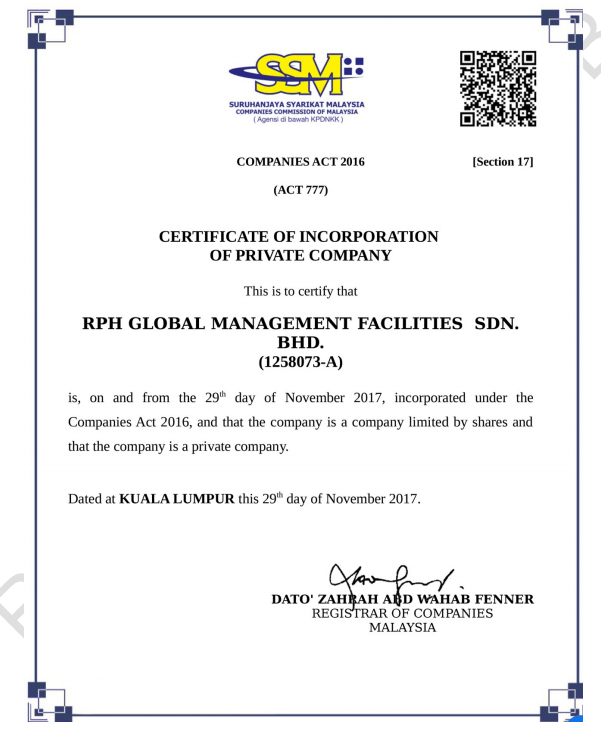 OUR CERTIFICATES RPH GLOBAL