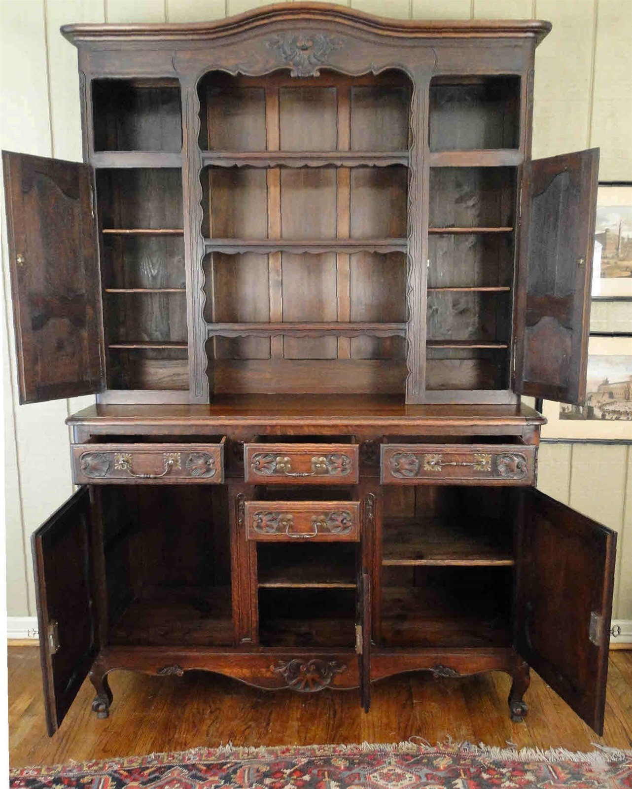 Antique French Country Armoire Wardrobe Carved Oak 4 Doors Fitted