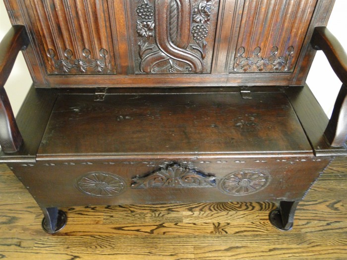 Antique French Oak Bench Hand Carved Hall Seat Victorian Hope Chest