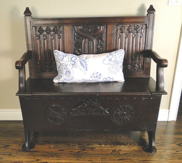 Antique French Oak Bench Hand Carved Hall Seat Victorian Hope Chest