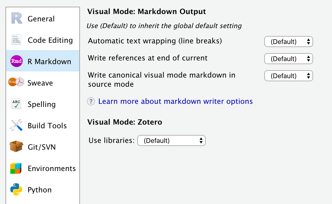 Visual R Markdown Editor Options