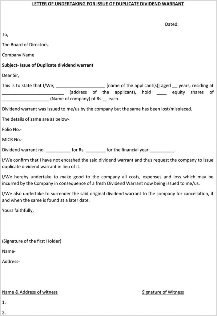 Letter Of Undertaking For Issue Of Duplicate Dividend Warrant