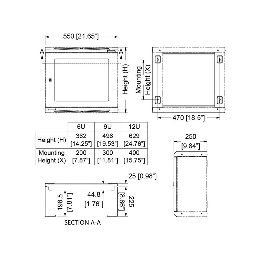 Wall Mount 9U x 12″ Depth, Open Back, Glass Door Black RTCElectronics