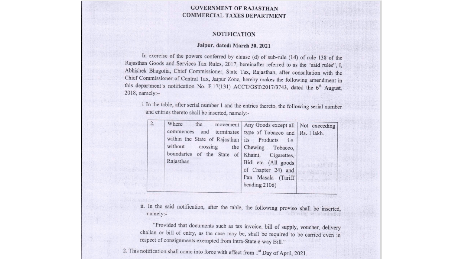 W.e.f 1st April 2021 EWay Bill Limit Increase in Rajasthan RTS Professional Study