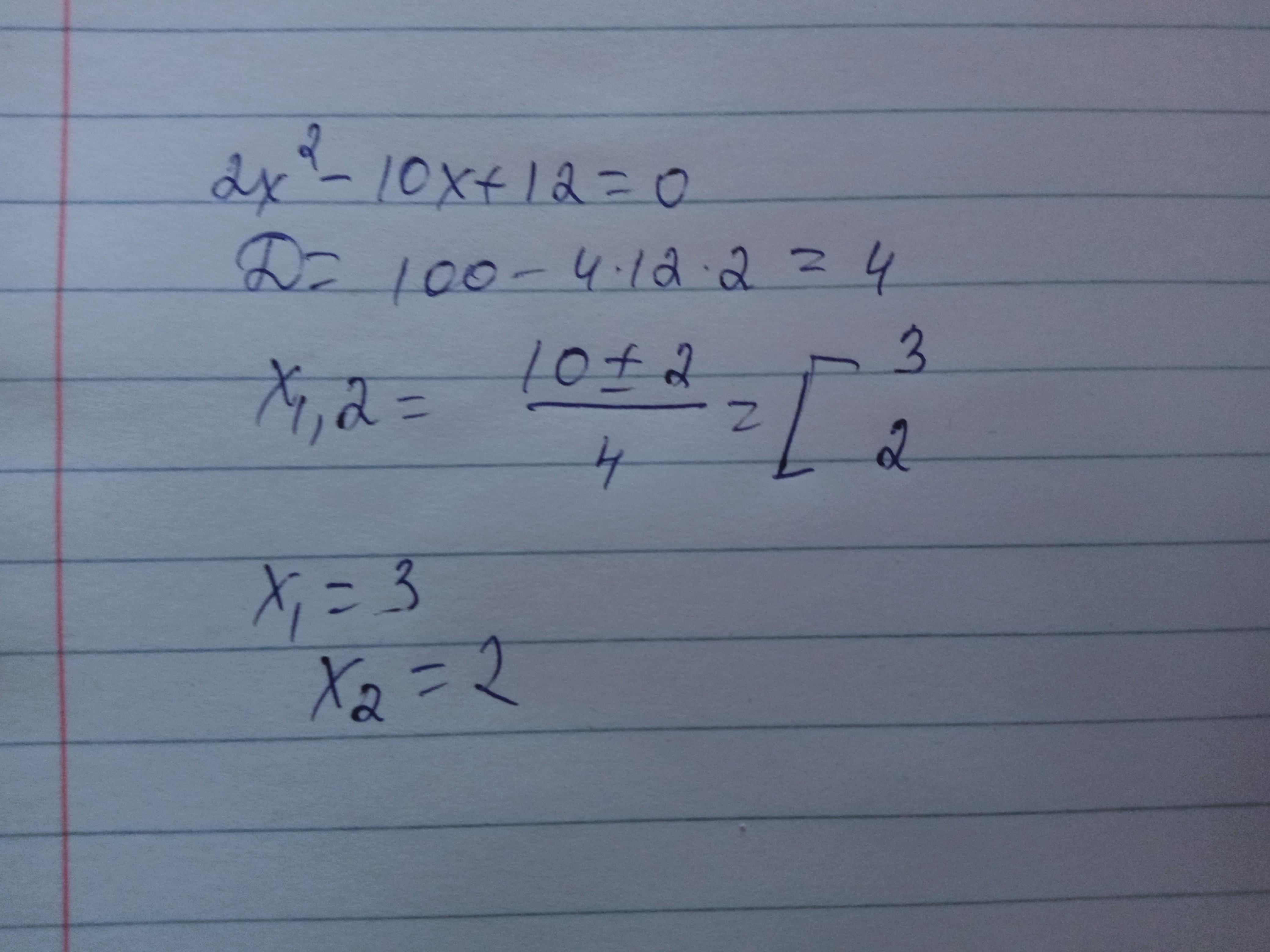 Реши квадратное уравнение 2x2−10x+12=0. Корни x1 = ; x2 = (первым