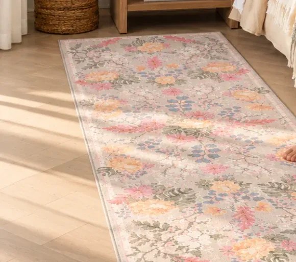Close-up of a pink and peach floral runner rug on a light wood floor