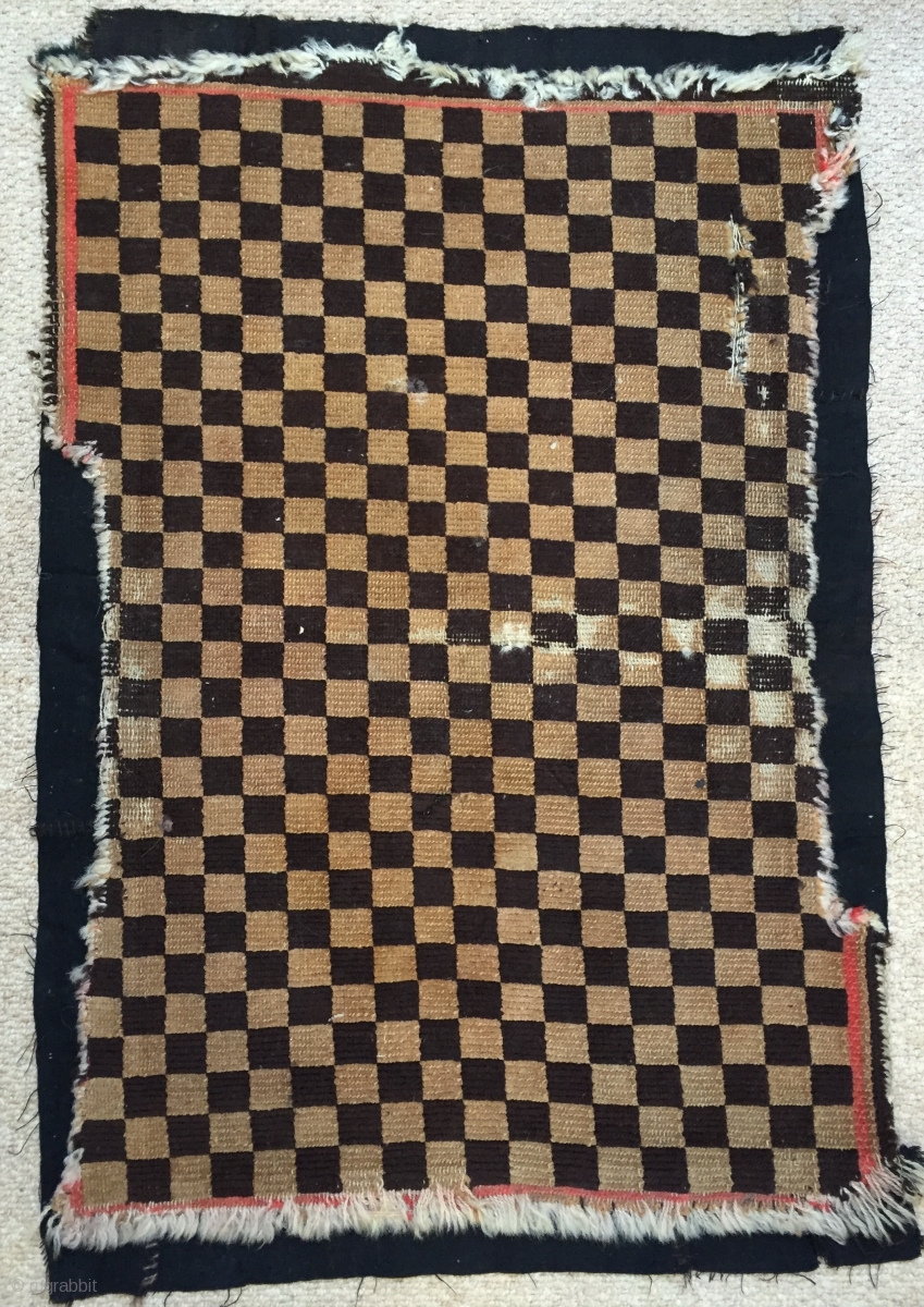 Nice genuine antique Tibetan chequerboard rug early 20 c. Cute small size remnants of synthetic