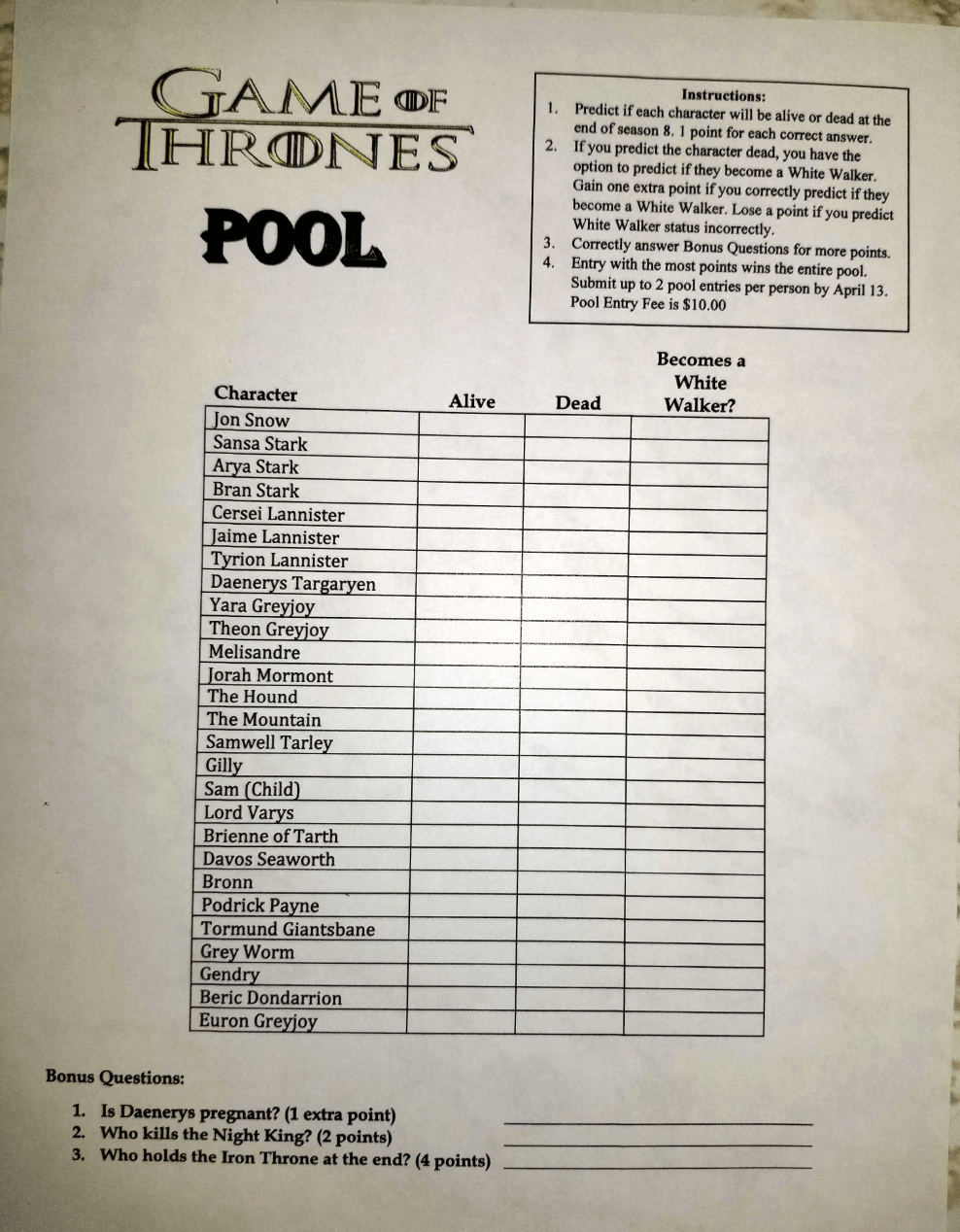 Boss Creates Game Of Thrones Prediction Sheet To Guess Who