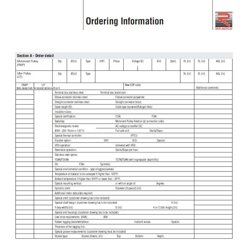 Unit Order Form Rulmeca Corp
