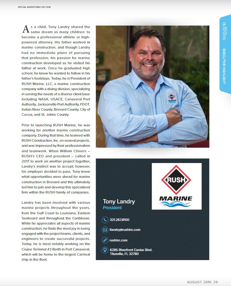 SpaceCoast Business Tony Landry RUSH Marine, LLC RUSH Construction, Inc., RUSH Marine, LLC