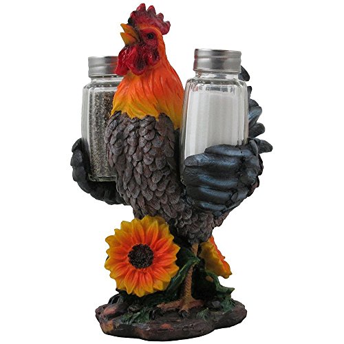 Decorative Farm Rooster Salt and Pepper Shaker Set with Holder Figurine