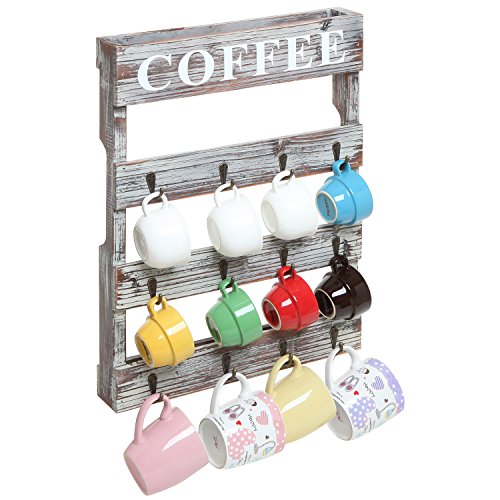 Country Rustic Style Brown Wood 12 Hook Wall Mounted Coffee Mug Rack / Tea Cup Holder Storage