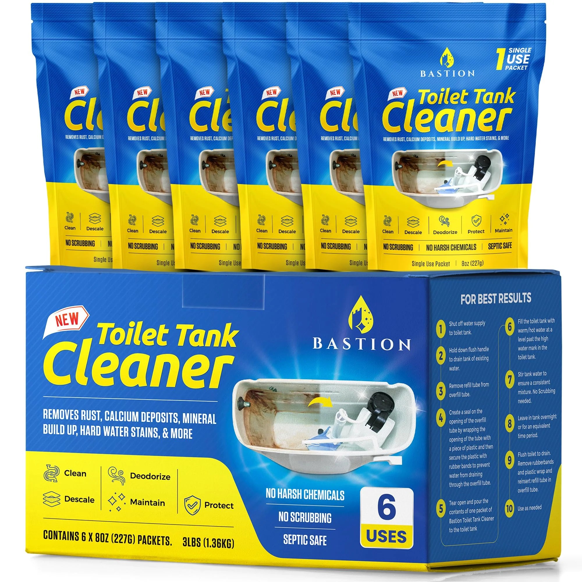 Bastion Toilet Tank Cleaner 6Uses. Removes Rust, Minerial Deposits