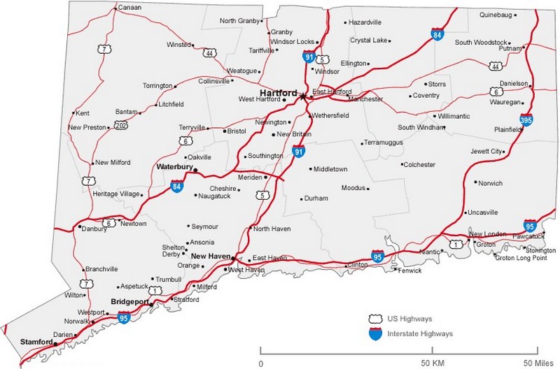 Connecticut State Road Map with Census Information