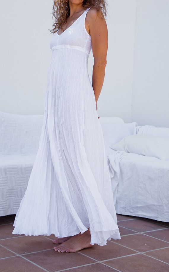 Long White Linen Dress / Maxi / High Waistline / Summer Dress / Pure
