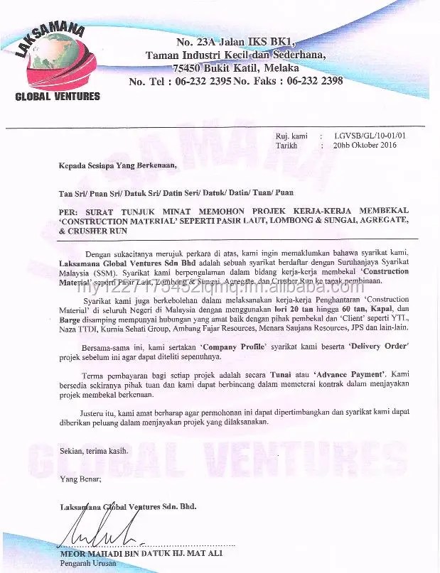 contoh surat tunjuk minat projek