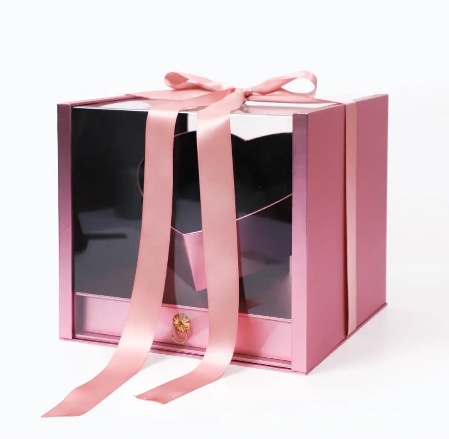 Square Acrylic Gift Box with Ribbon Rose Bouquet Arrangement Surprise