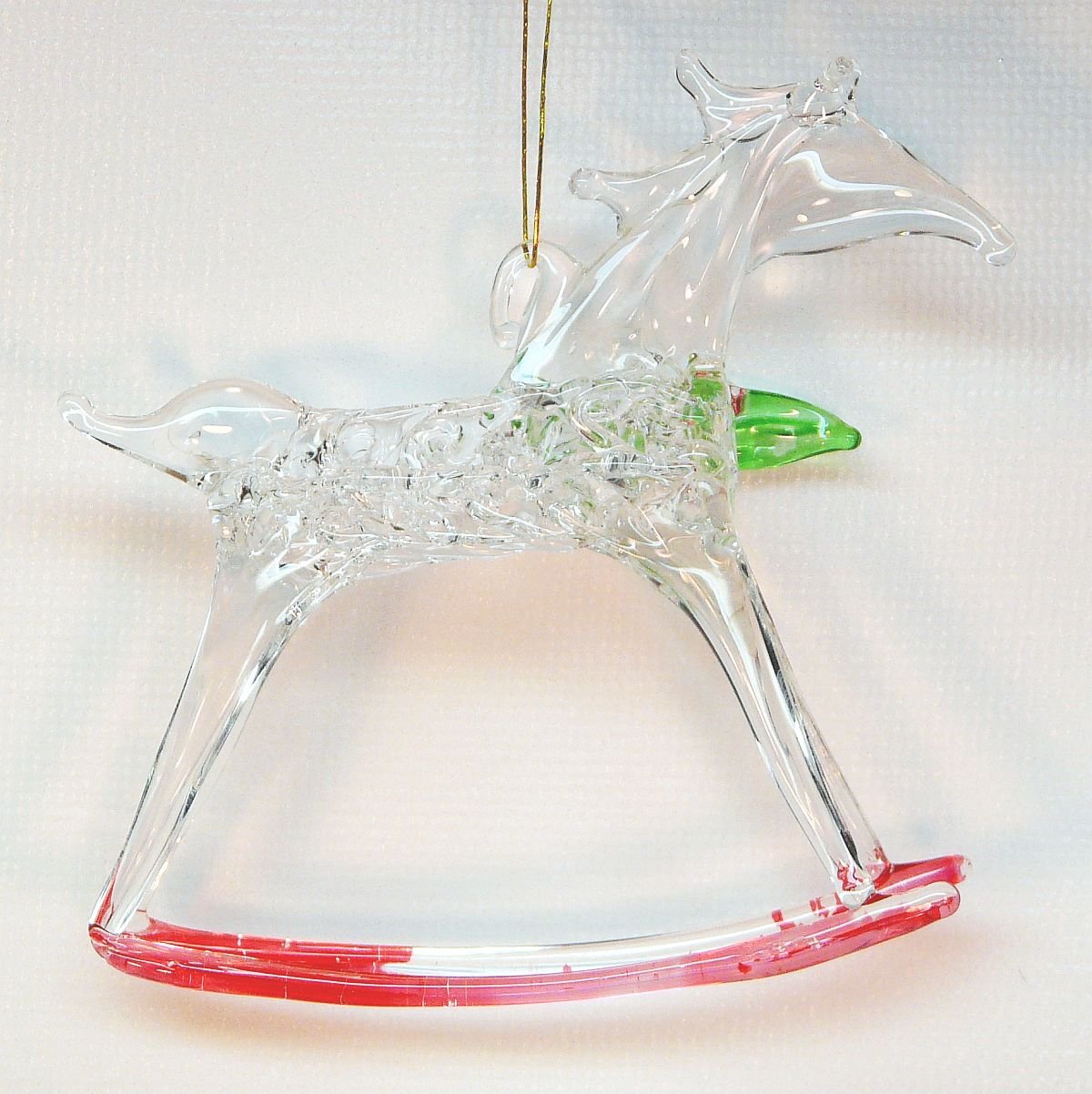 Vintage spun glass rocking horse with green leaves Christmas ornament