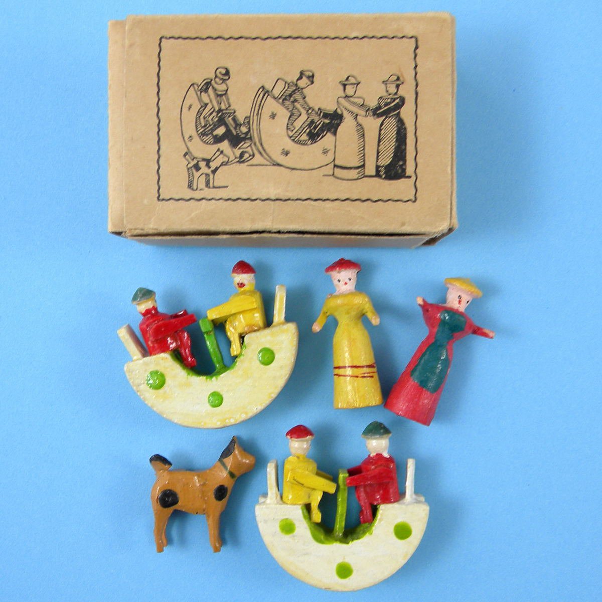 Antique German Erzgebirge Miniature Wood Teeter Totter Set Original Box