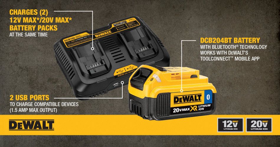 DEWALT Battery Charger,12V to 20V,120VAC,2Ports 31AC56DCB102BP