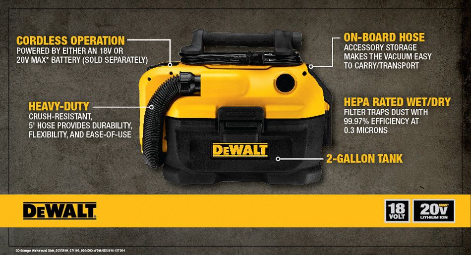 DEWALT Cordless/Corded Wet/Dry Vacuum, 18/20V MAX®, 2 gal. Tank Size
