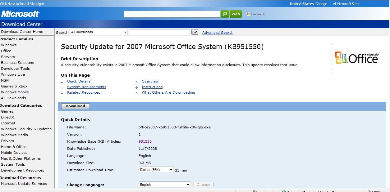 Download Security Update for Microsoft Office 2007.