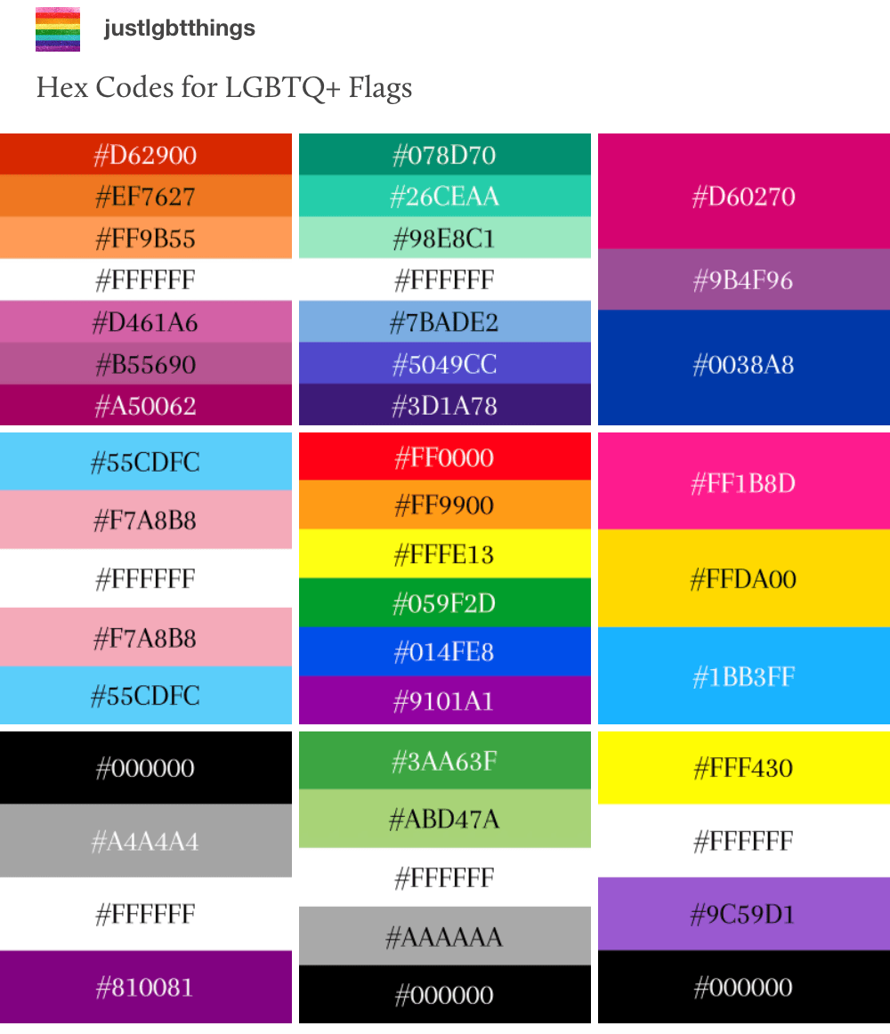 Hex codes for LGBTQ+ Flags MLTSHP