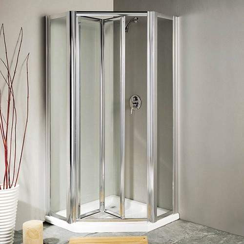 Pentagon Framed Shower Enclosure, BiFold Door & Tray (Silver). Lakes