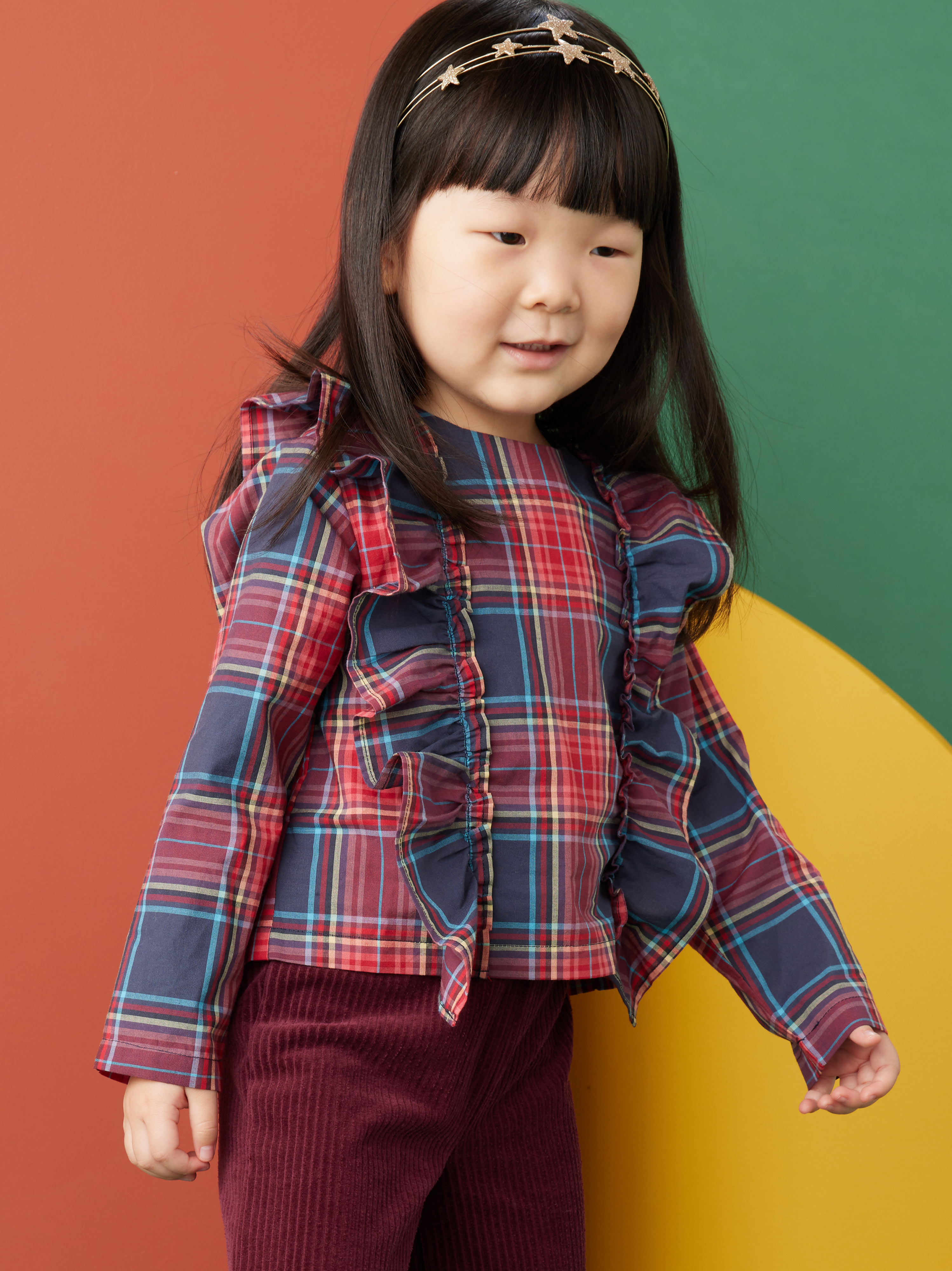 Ruffle Plaid Woven Top Tea Collection