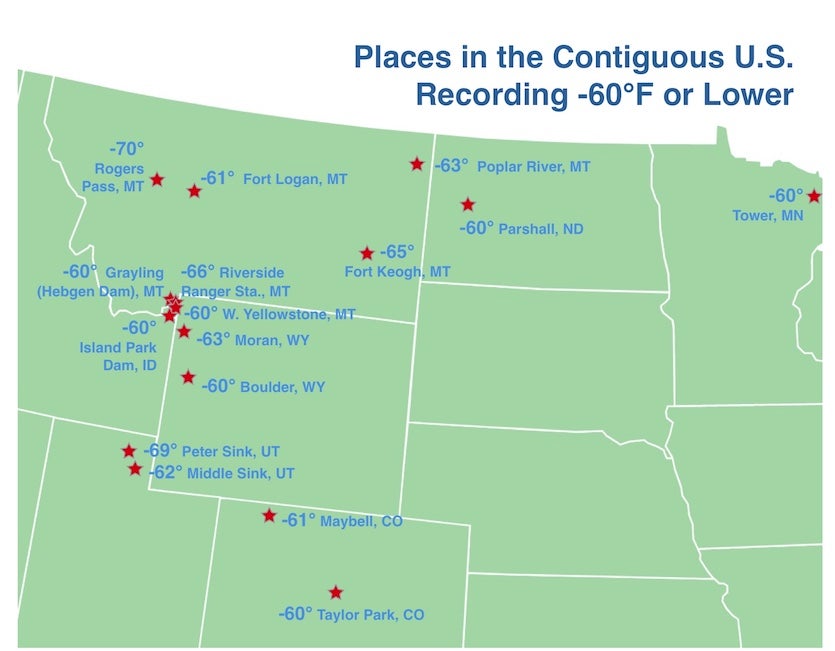 Coldest Temperatures Ever Measured in the Contiguous U.S. Weather