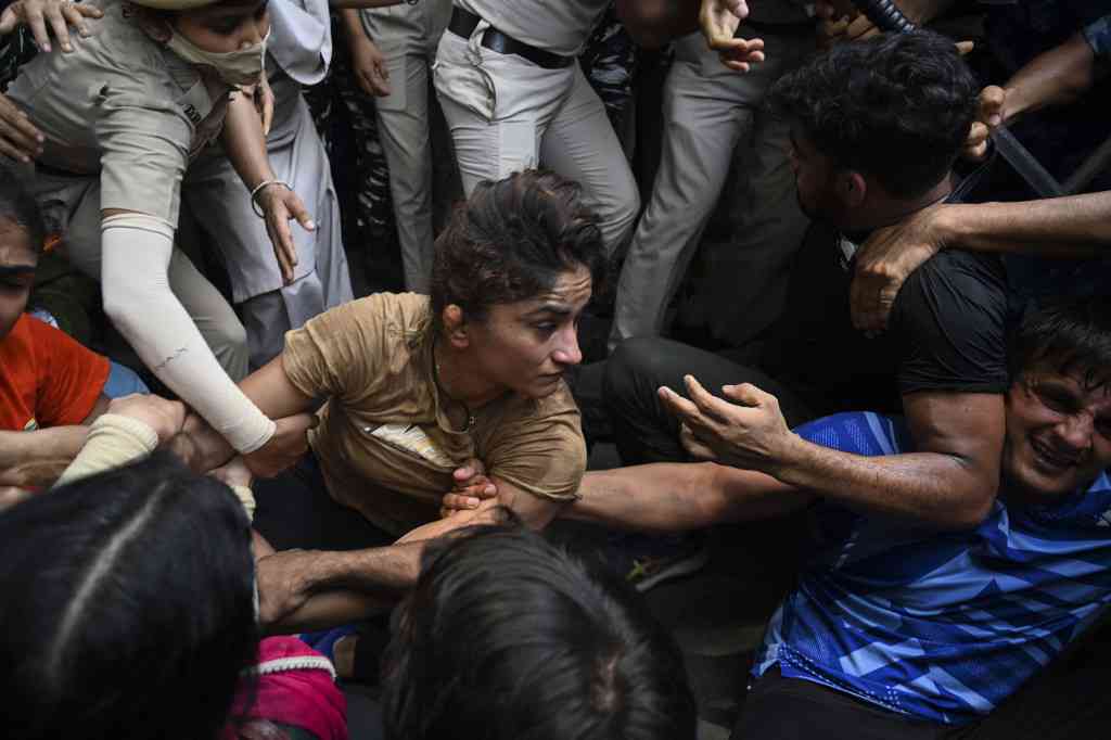 In visuals Protesting wrestlers Sakshi Malik, Bajrang Punia, Vinesh