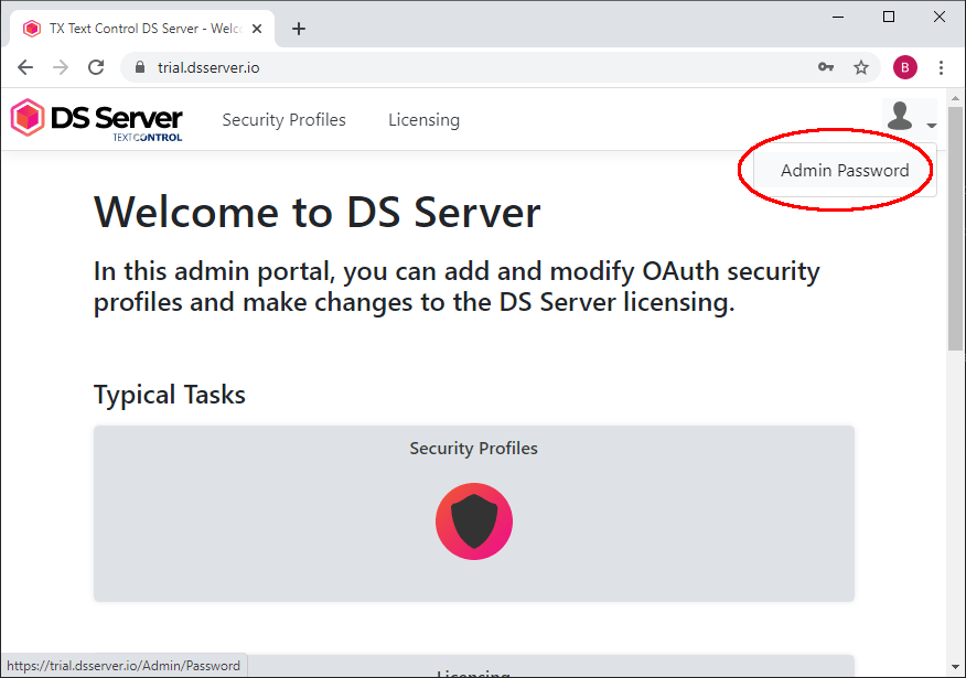 Default Admin Password TX Text Control DS Server
