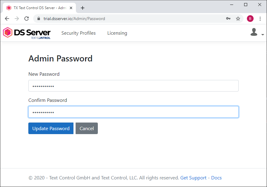Default Admin Password TX Text Control DS Server