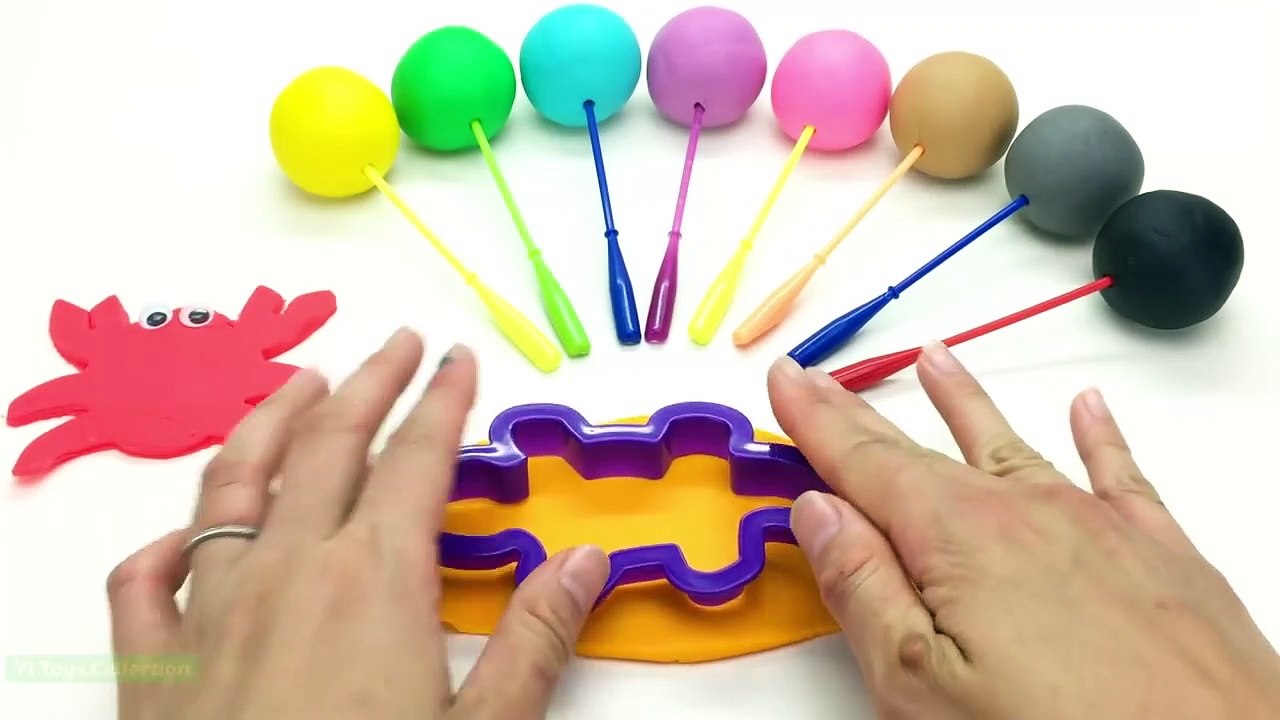 Learn Colors with Play Doh Lollipop and Ocean Tools Crab Frog Rabbit Cookie Mold Kinder Surprise