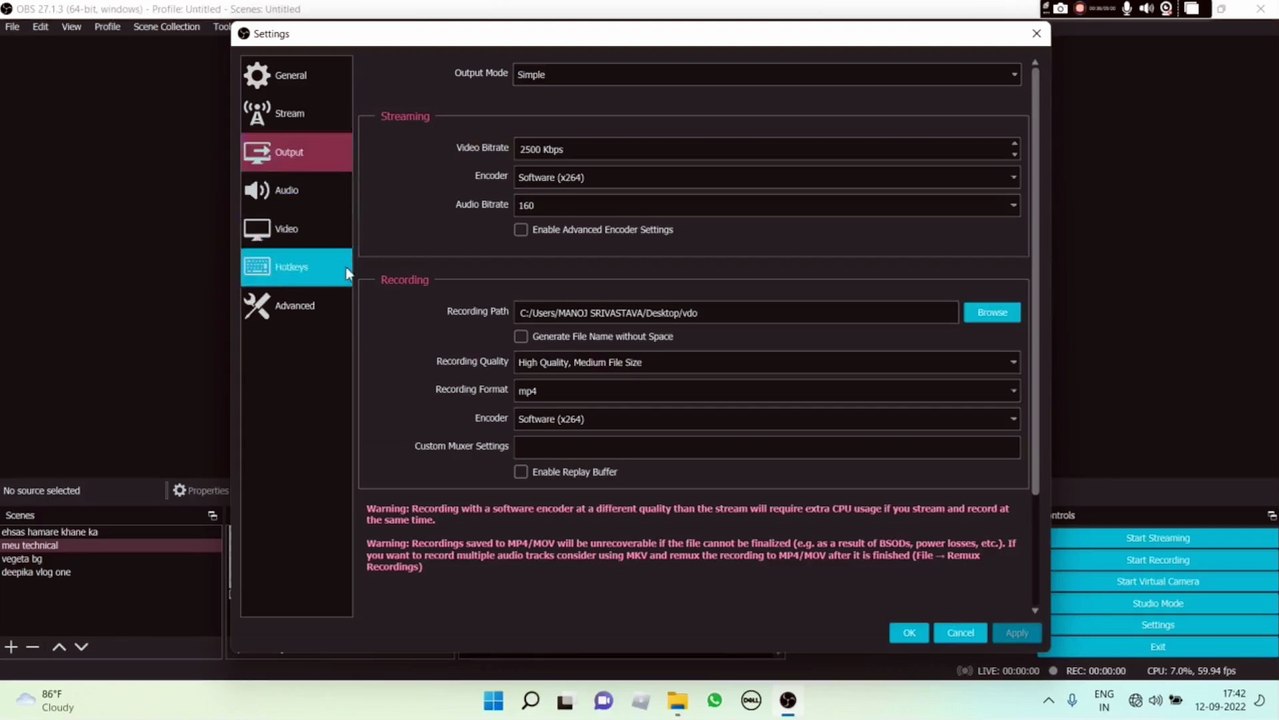 how to change recording path in obs/obs मे आपकी recording किस file मे