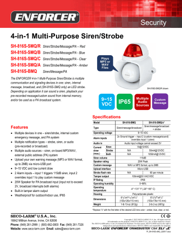 SECO-LARM SH-816S-SMQ/A 4-in-1 Multi-Purpose Siren/Strobe - Amber Data