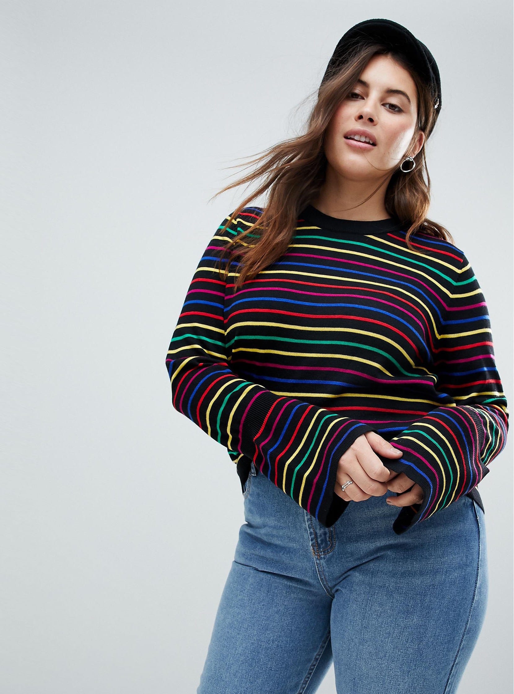 ASOS CURVE + Sweater with Rainbow Stripe and Fluted Sleeve