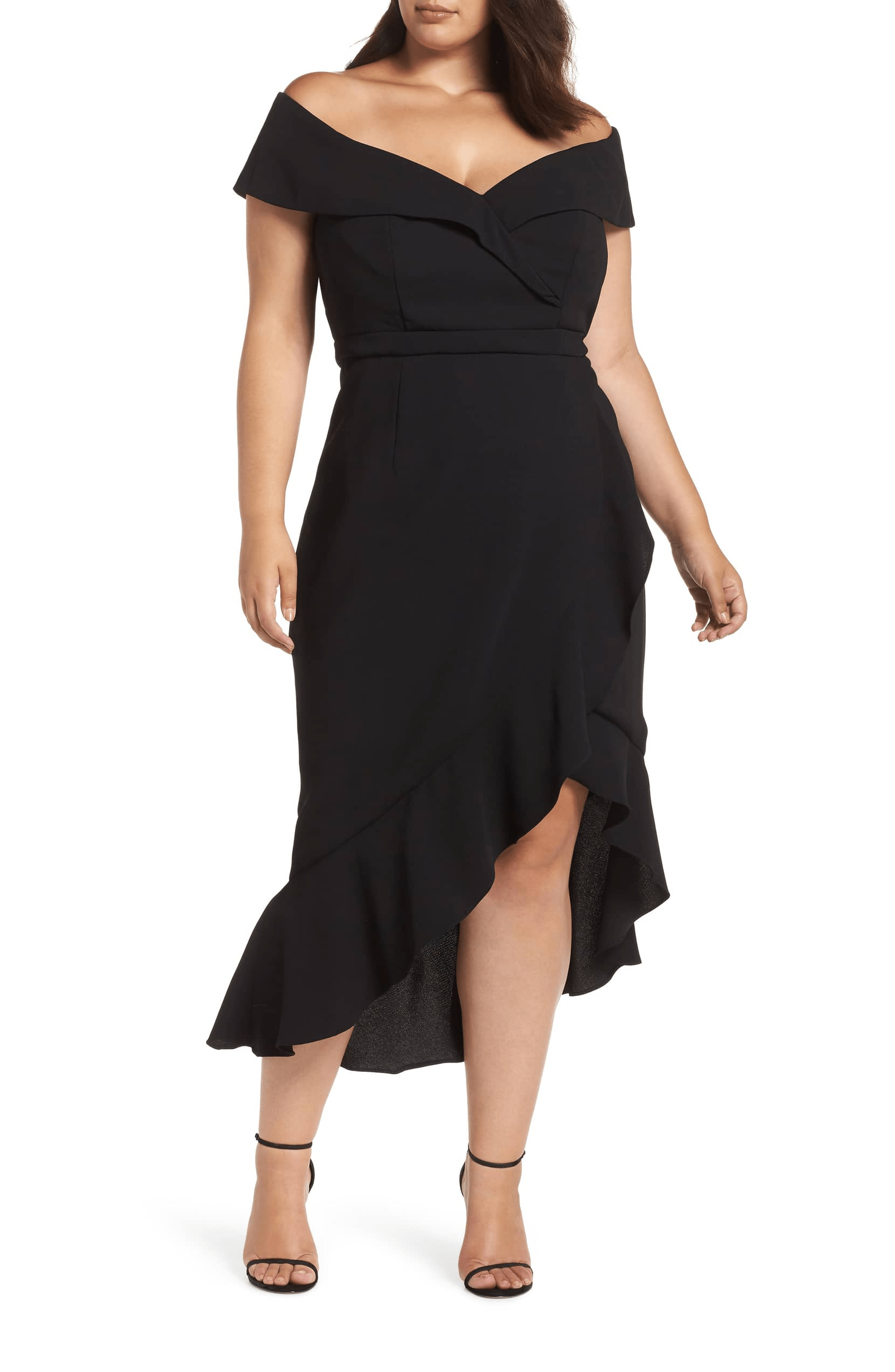 Xscape + Off the Shoulder Ruffle Midi Dress