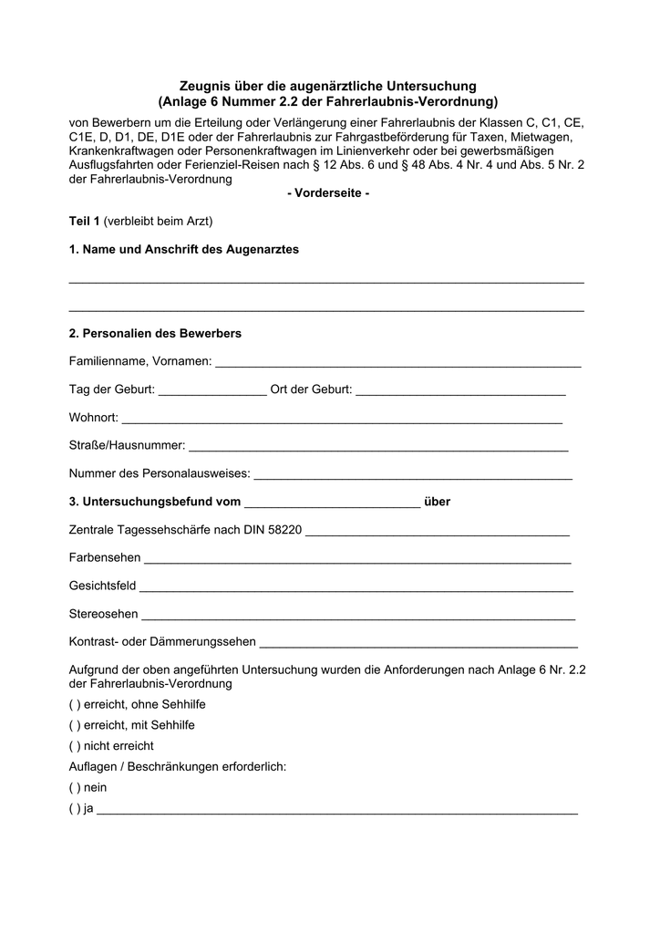 Zeugnis über die augenärztliche Untersuchung (Anlage 6 Nr. 2.2